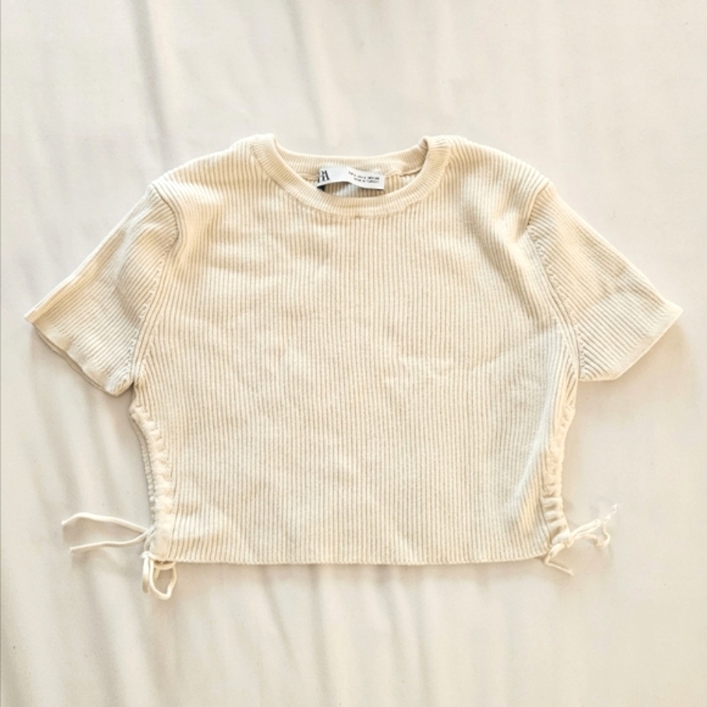 Cream Ribbed Short Sleeve Crop Top